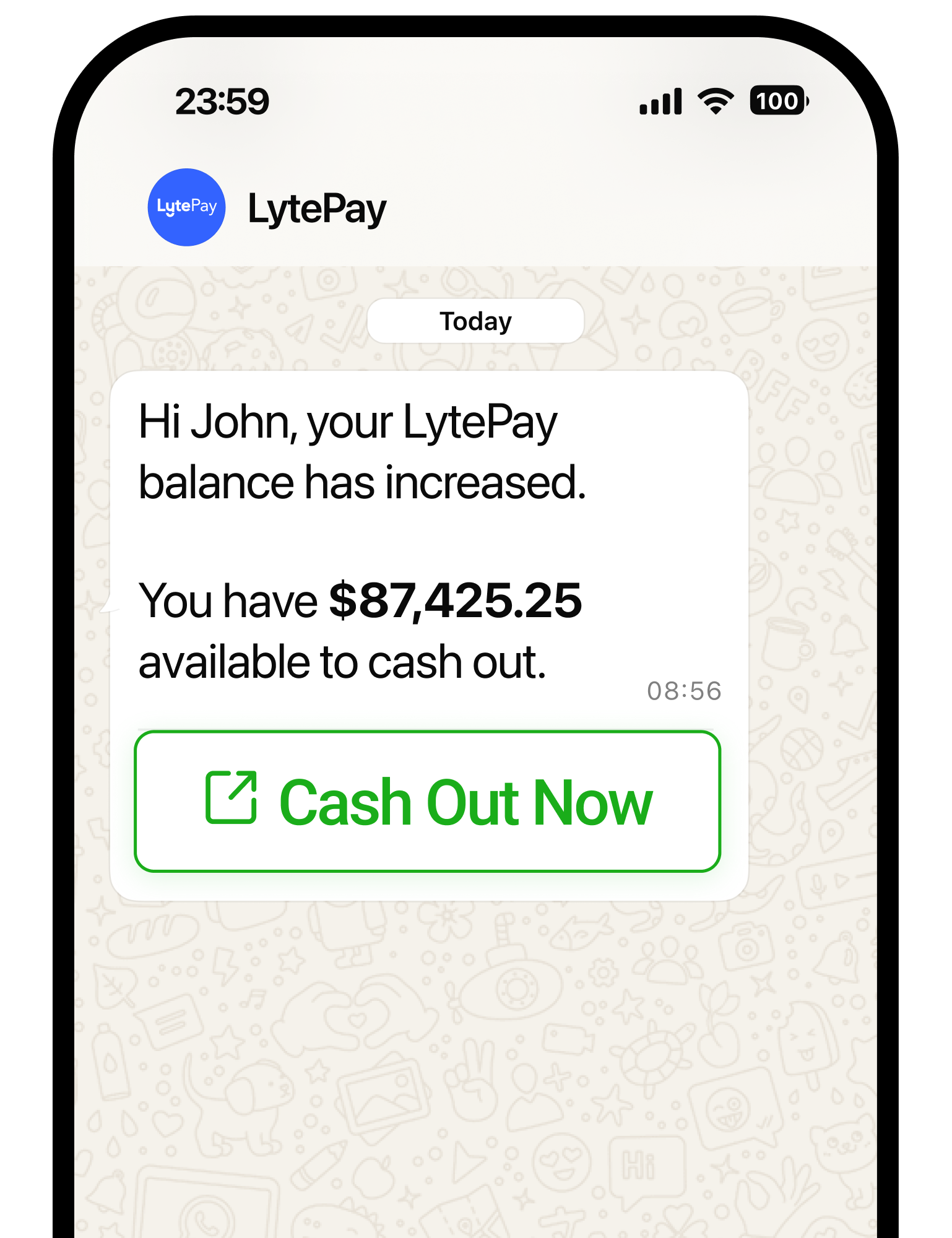 Step 1: Tap Cash Out Now on WhatsApp