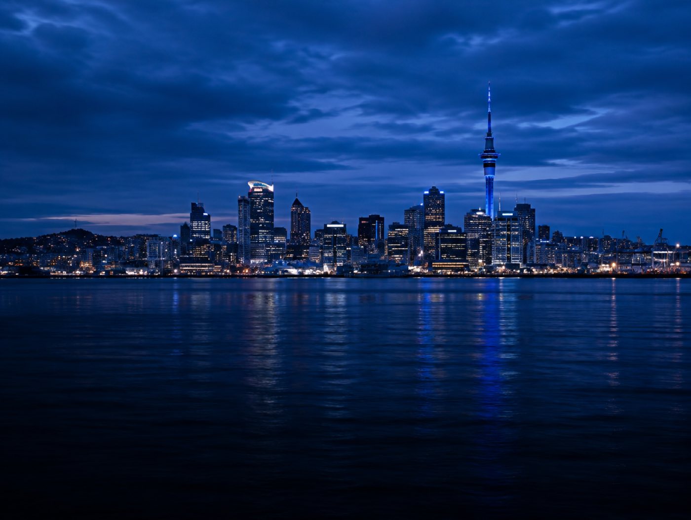 Auckland skyline and Sky Tower at dusk