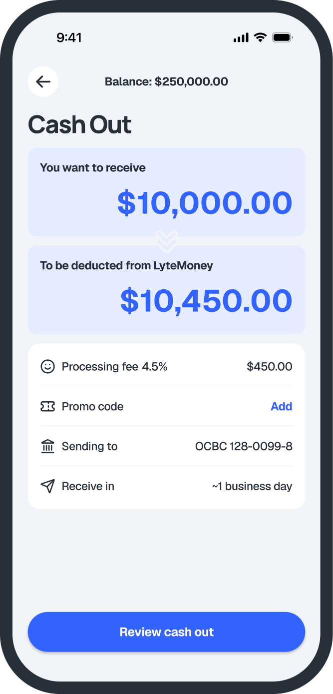 LytePay app cash out amount entry screen
