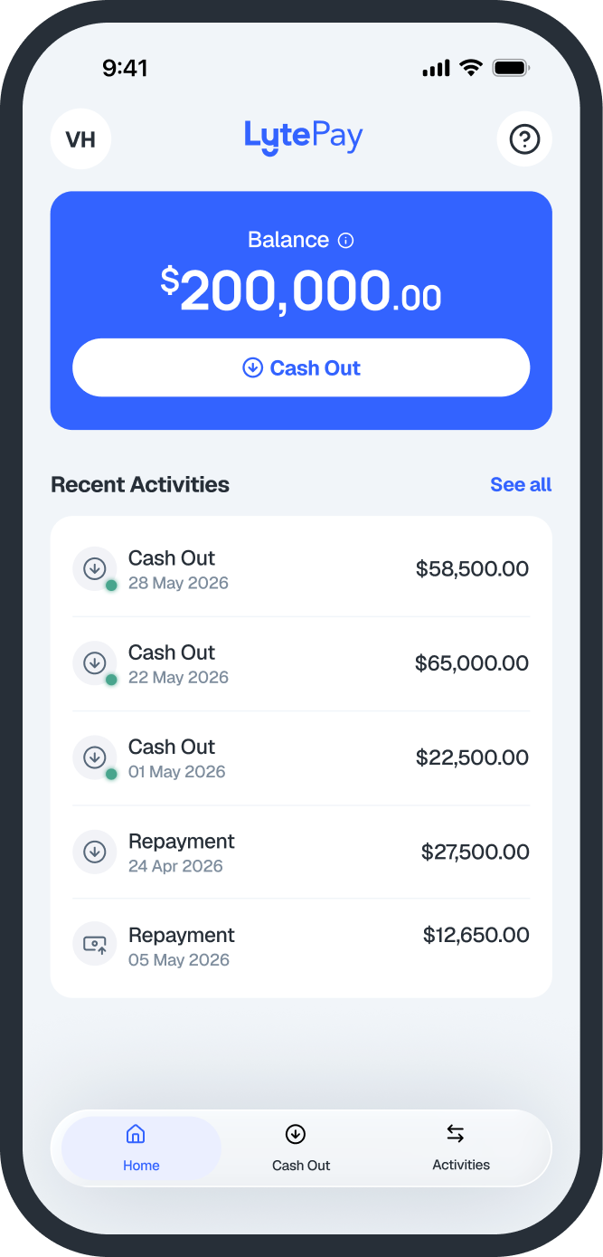 LytePay app dashboard showing available balance