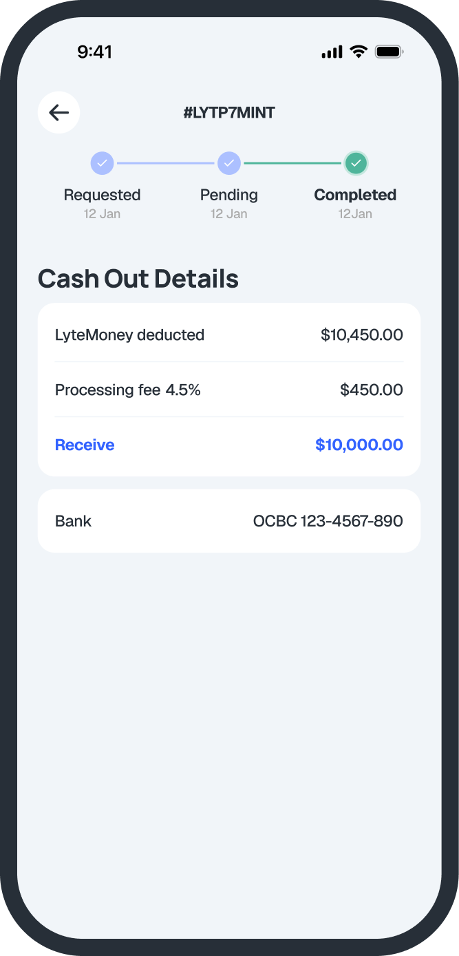 LytePay app cash out tracking screen