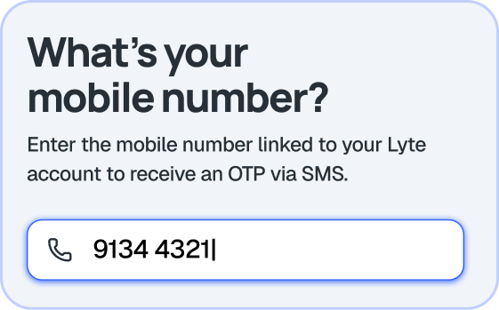 Entering a mobile number on the LytePay app login screen