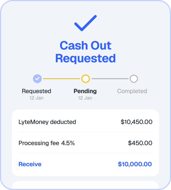 Cash out status tracking in the LytePay app